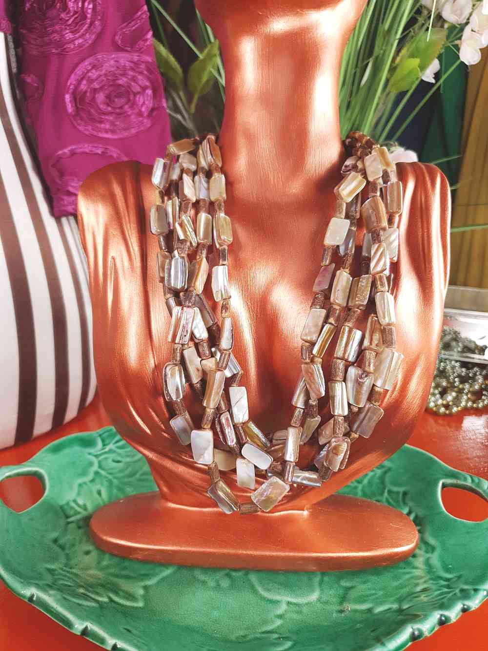 Vintage 90s Abalone Boho Necklace  - Five Strand Bohemian