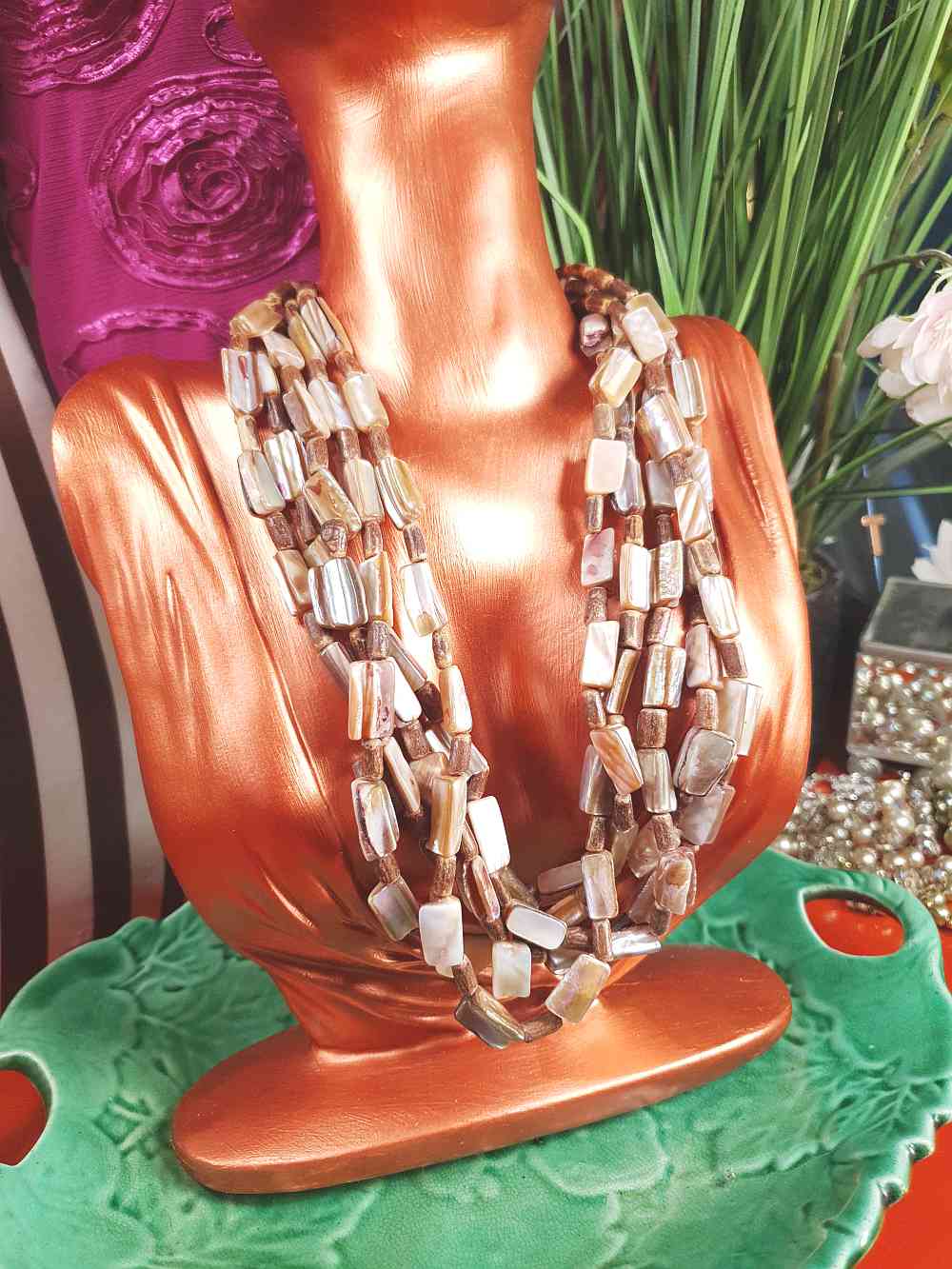 Vintage 90s Abalone Boho Necklace  - Five Strand Bohemian