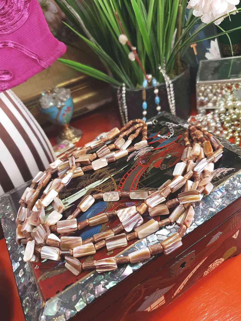 Vintage 90s Abalone Boho Necklace  - Five Strand Bohemian