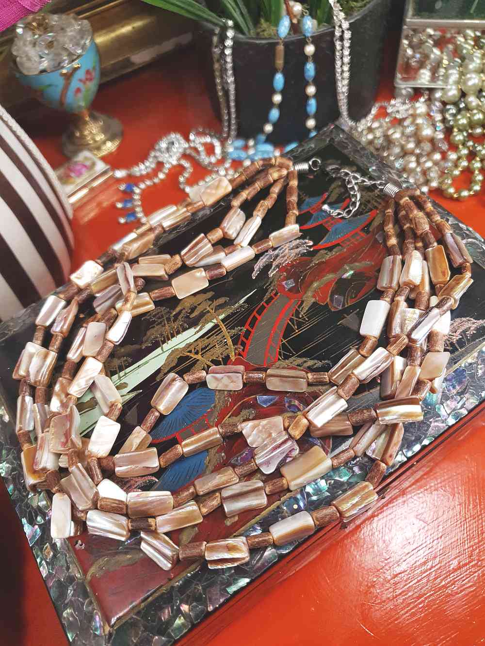 Vintage 90s Abalone Boho Necklace  - Five Strand Bohemian