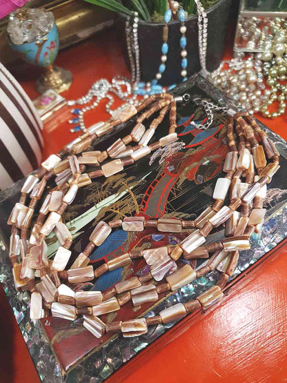 Vintage 90s Abalone Boho Necklace  - Five Strand Bohemian