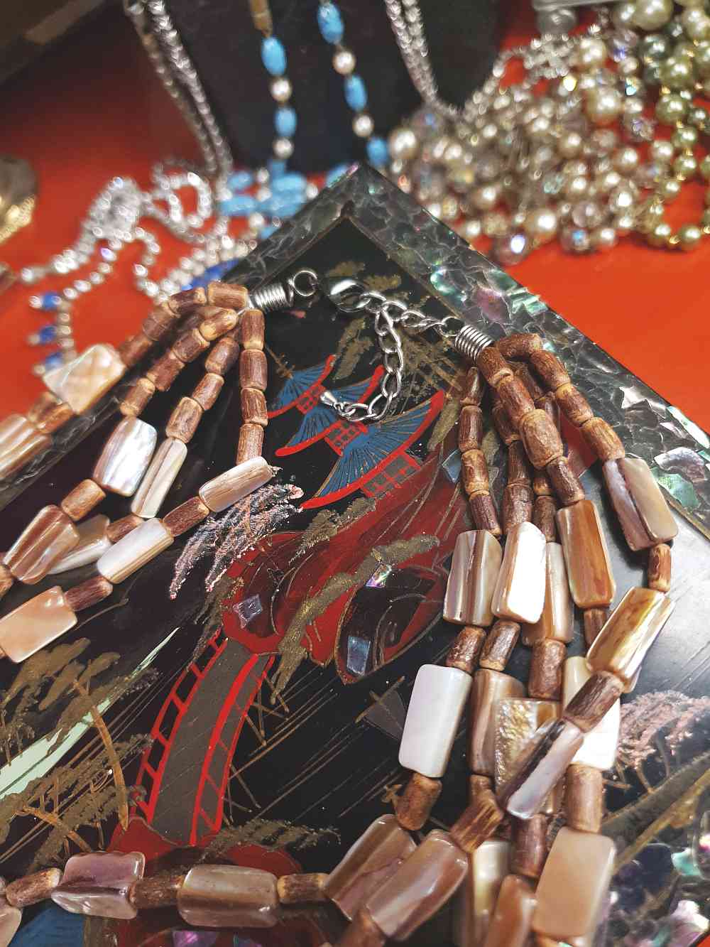 Vintage 90s Abalone Boho Necklace  - Five Strand Bohemian