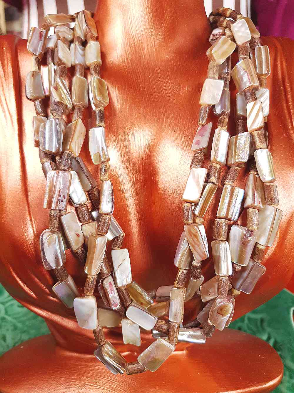 Vintage 90s Abalone Boho Necklace  - Five Strand Bohemian