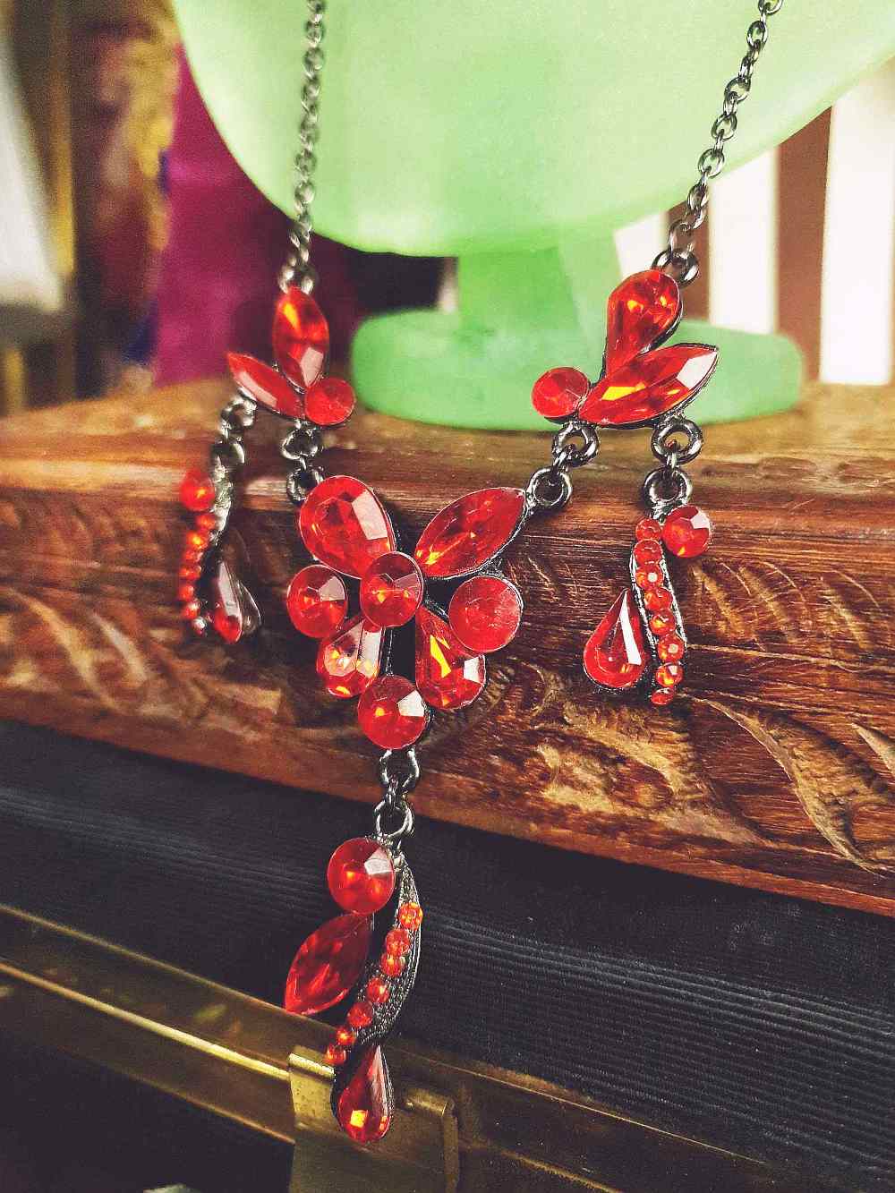 Vintage 90s Orange Rhinestone Necklace 20" Victorian Revival Gunmetal