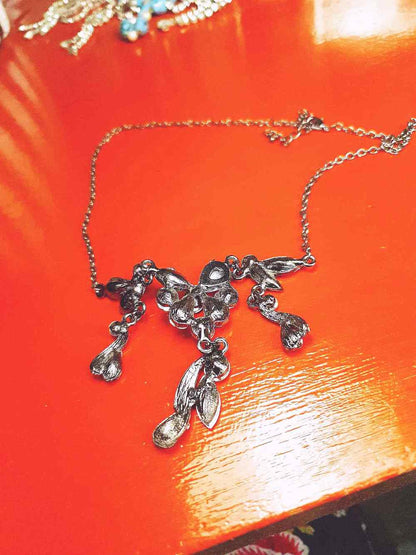 Vintage 90s Orange Rhinestone Necklace 20" Victorian Revival Gunmetal