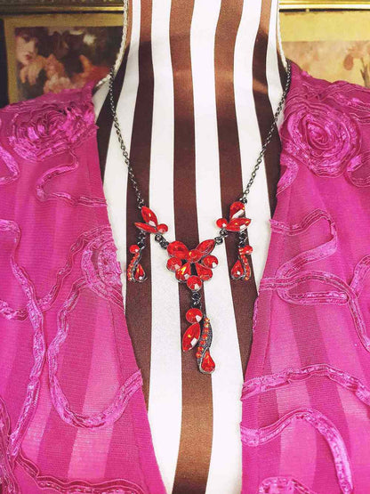 Vintage 90s Orange Rhinestone Necklace 20" Victorian Revival Gunmetal