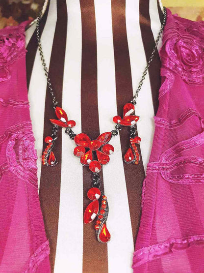 Vintage 90s Orange Rhinestone Necklace 20" Victorian Revival Gunmetal