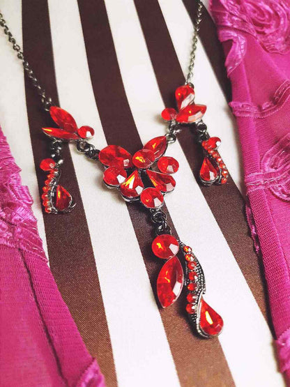 Vintage 90s Orange Rhinestone Necklace 20" Victorian Revival Gunmetal