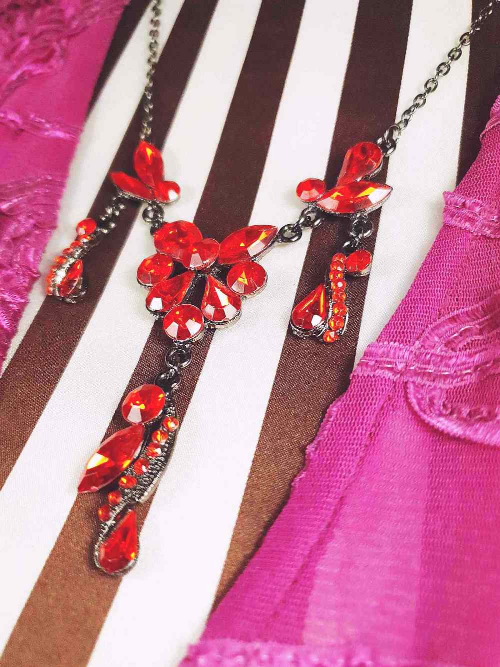 Vintage 90s Orange Rhinestone Necklace 20" Victorian Revival Gunmetal