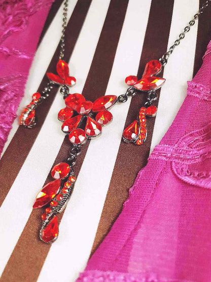 Vintage 90s Orange Rhinestone Necklace 20" Victorian Revival Gunmetal