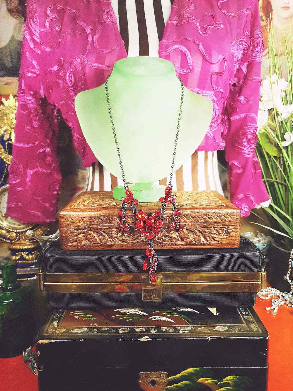 Vintage 90s Orange Rhinestone Necklace 20" Victorian Revival Gunmetal