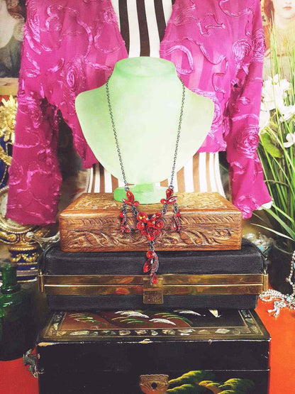 Vintage 90s Orange Rhinestone Necklace 20" Victorian Revival Gunmetal