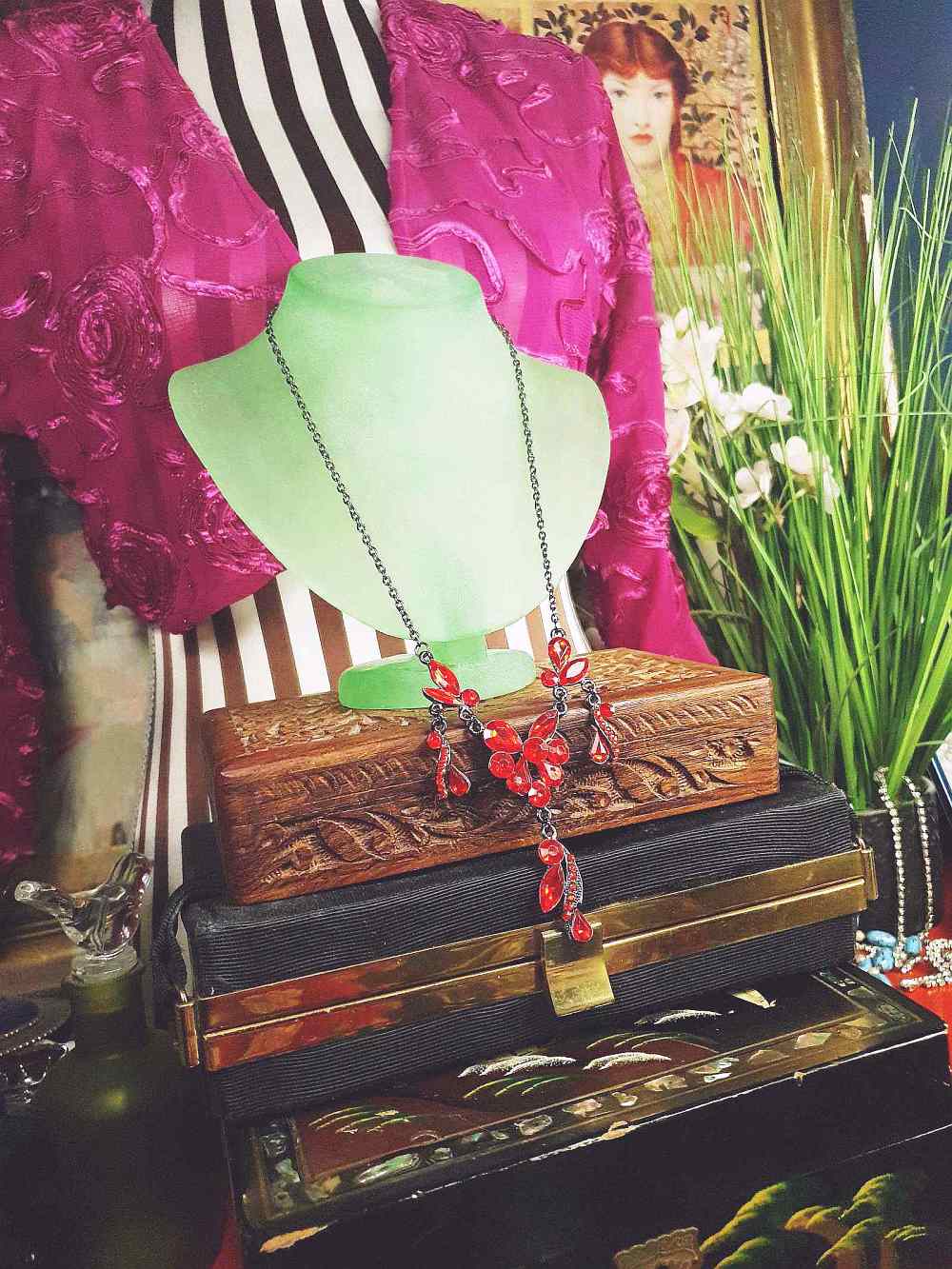 Vintage 90s Orange Rhinestone Necklace 20" Victorian Revival Gunmetal