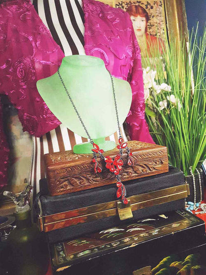 Vintage 90s Orange Rhinestone Necklace 20" Victorian Revival Gunmetal