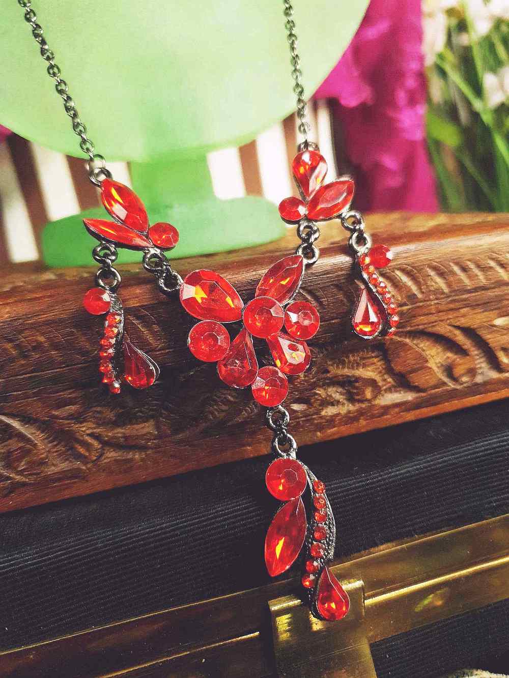 Vintage 90s Orange Rhinestone Necklace 20" Victorian Revival Gunmetal