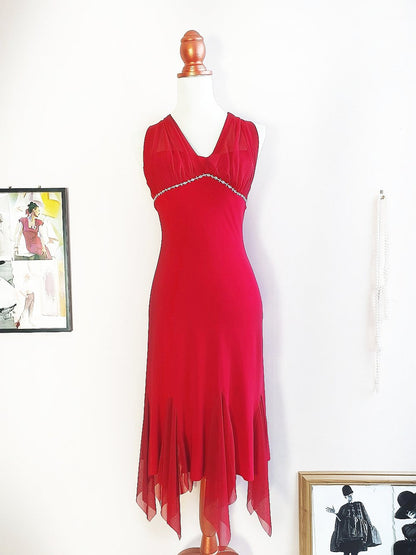 Vintage 90s Red Chiffon Halter Dress Cocktail Party Evening Midi - Size 10