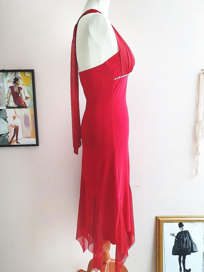 Vintage 90s Red Chiffon Halter Dress Cocktail Party Evening Midi - Size 10