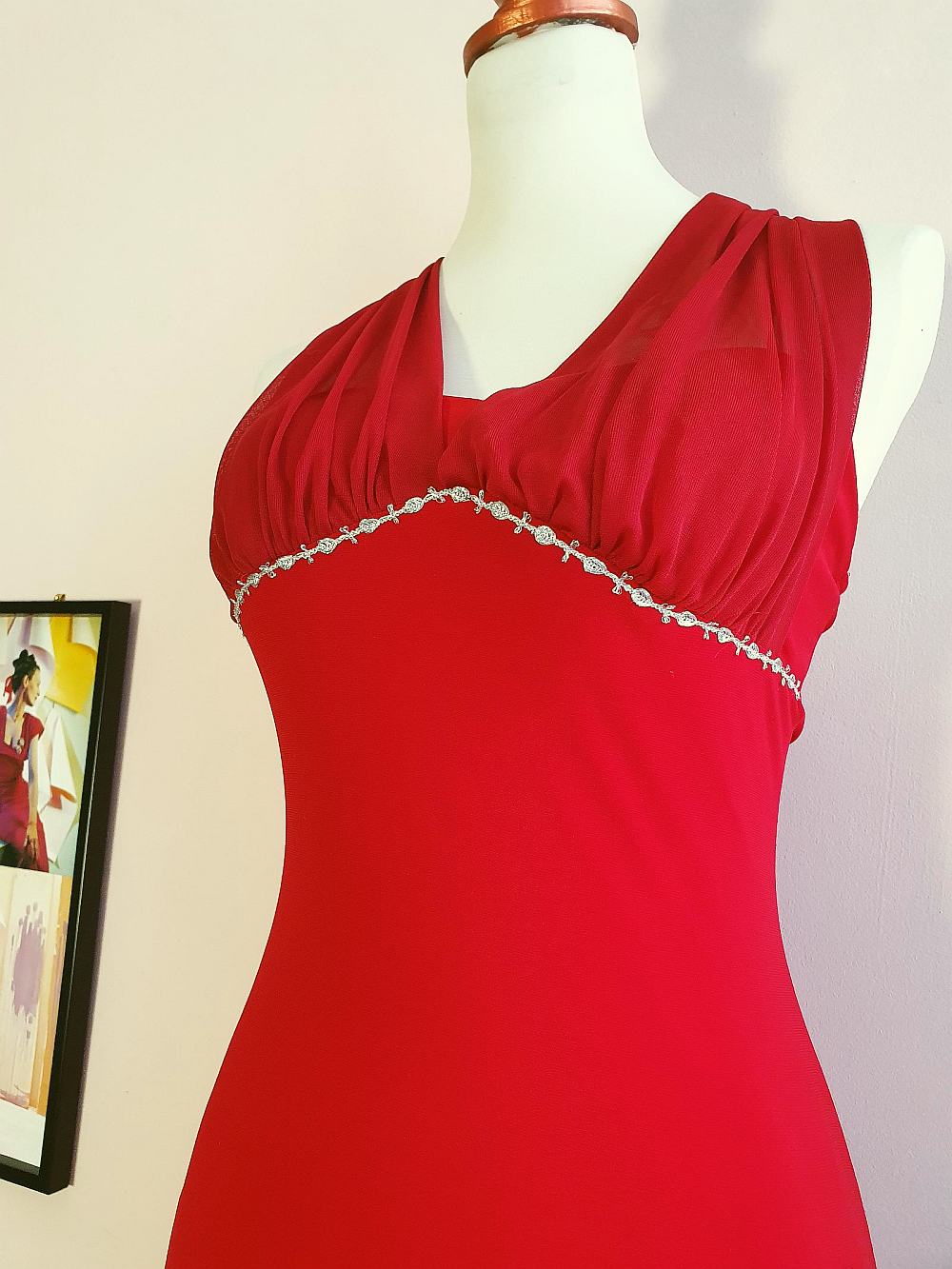 Vintage 90s Red Chiffon Halter Dress Cocktail Party Evening Midi - Size 10
