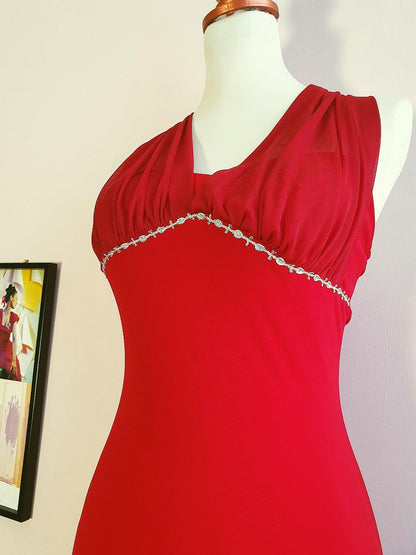 Vintage 90s Red Chiffon Halter Dress Cocktail Party Evening Midi - Size 10