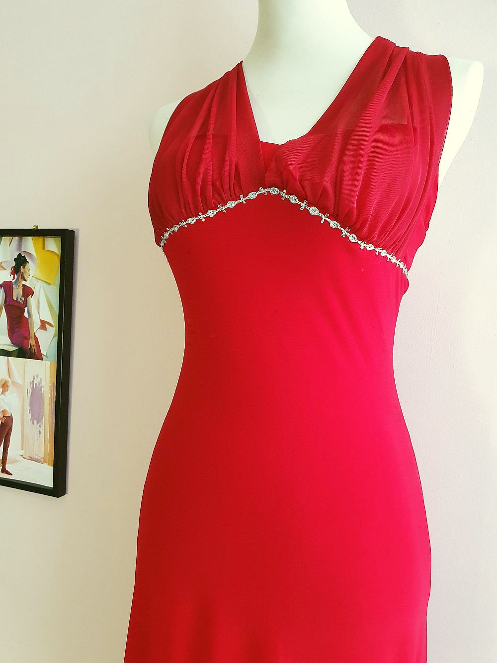 Vintage 90s Red Chiffon Halter Dress Cocktail Party Evening Midi - Size 10