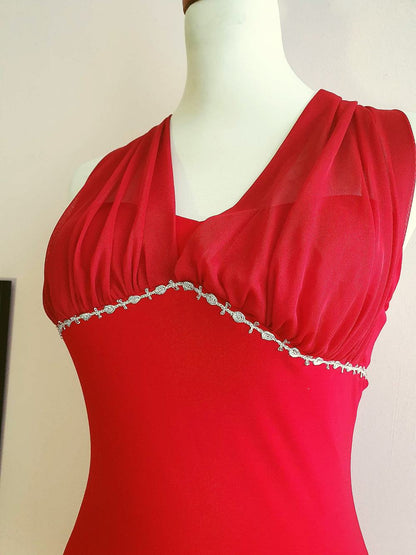 Vintage 90s Red Chiffon Halter Dress Cocktail Party Evening Midi - Size 10