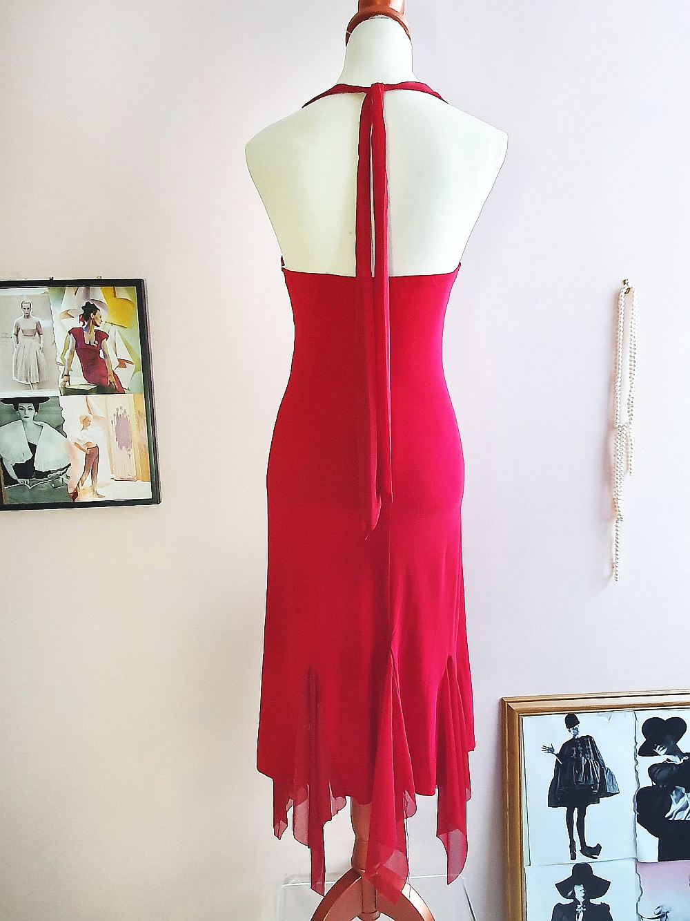 Vintage 90s Red Chiffon Halter Dress Cocktail Party Evening Midi - Size 10