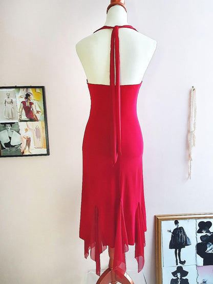 Vintage 90s Red Chiffon Halter Dress Cocktail Party Evening Midi - Size 10