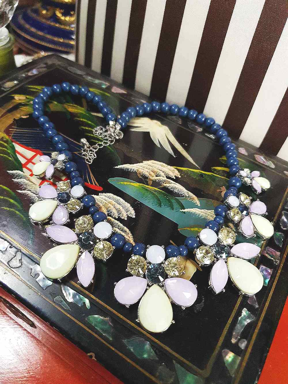 Vintage 90s Flower Rhinestone Statement Bib Necklace Blue Lilac Lime Green Floral