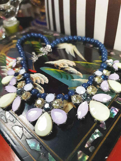 Vintage 90s Flower Rhinestone Statement Bib Necklace Blue Lilac Lime Green Floral