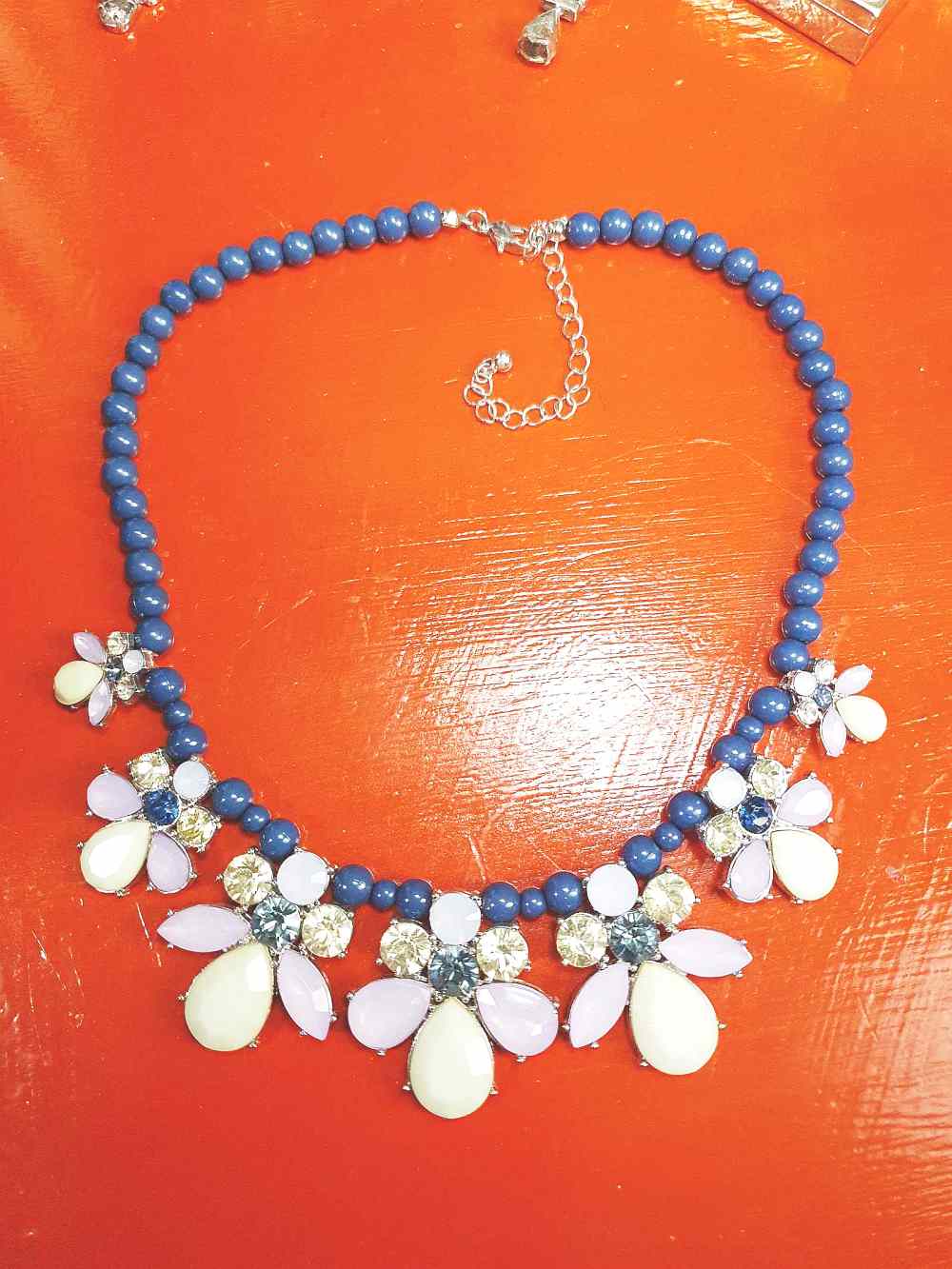 Vintage 90s Flower Rhinestone Statement Bib Necklace Blue Lilac Lime Green Floral