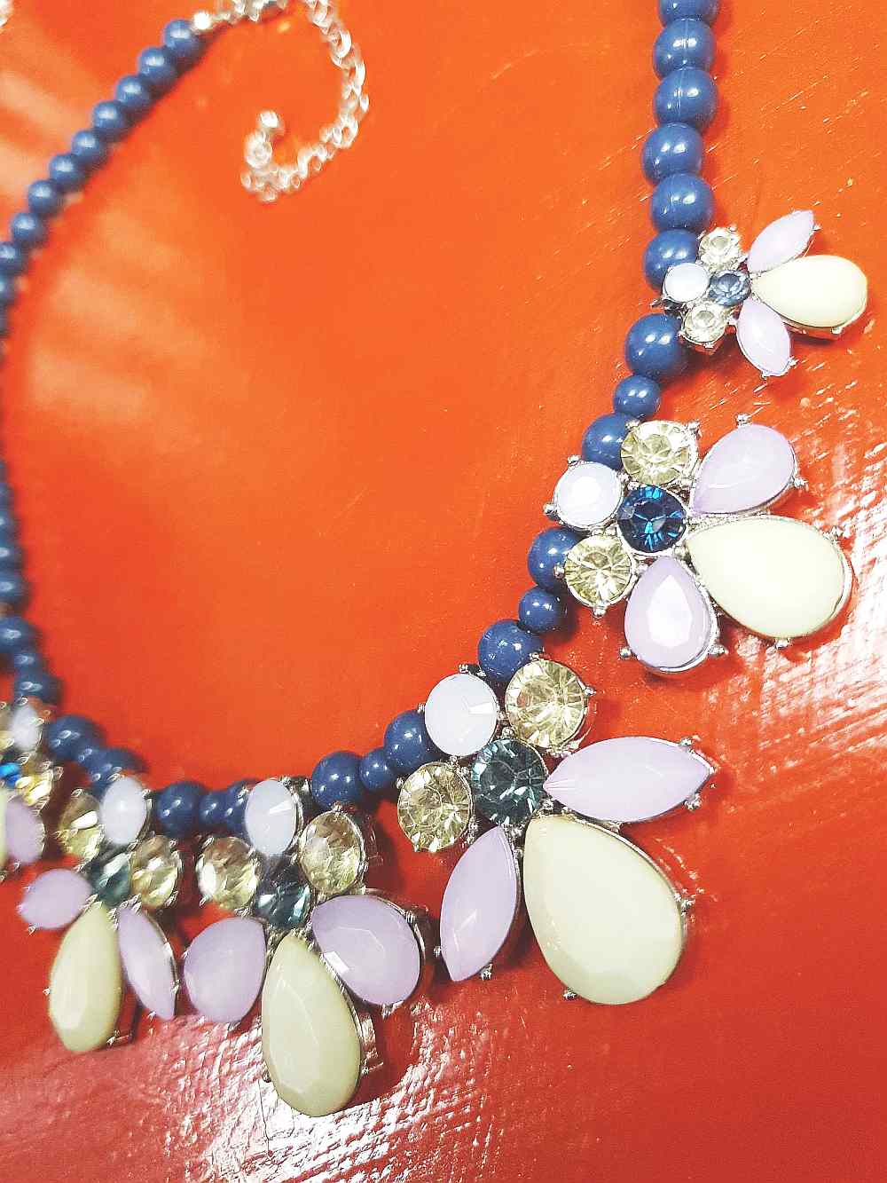Vintage 90s Flower Rhinestone Statement Bib Necklace Blue Lilac Lime Green Floral
