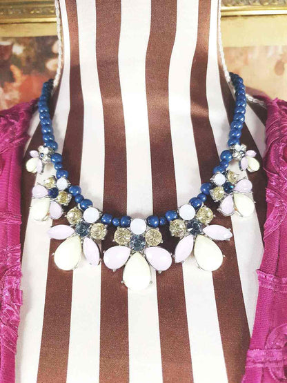 Vintage 90s Flower Rhinestone Statement Bib Necklace Blue Lilac Lime Green Floral