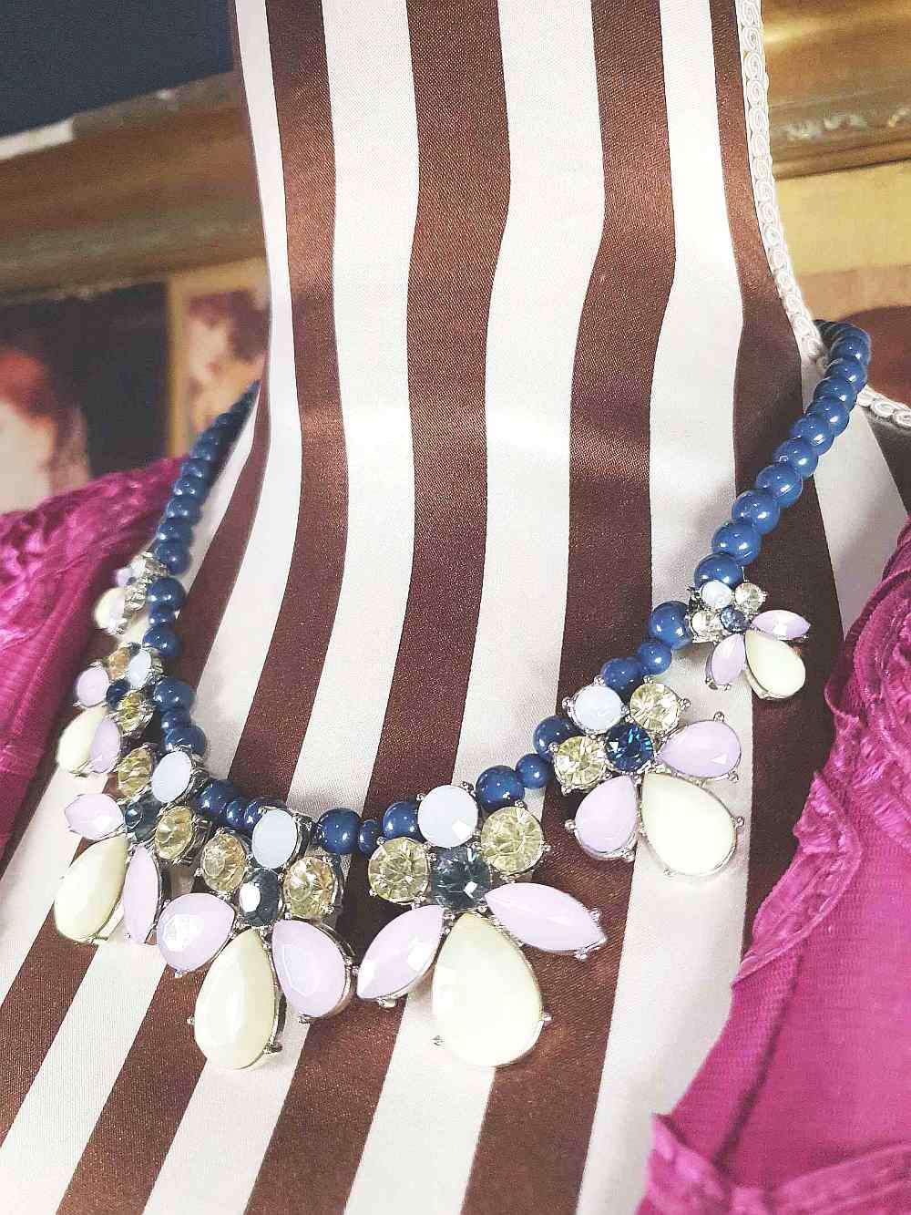 Vintage 90s Flower Rhinestone Statement Bib Necklace Blue Lilac Lime Green Floral