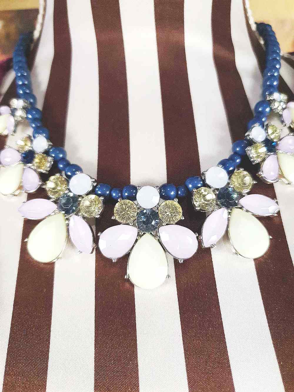 Vintage 90s Flower Rhinestone Statement Bib Necklace Blue Lilac Lime Green Floral