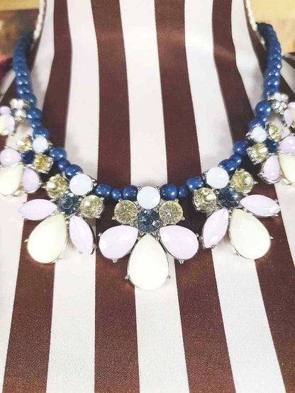 Vintage 90s Flower Rhinestone Statement Bib Necklace Blue Lilac Lime Green Floral