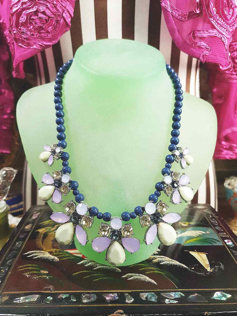 Vintage 90s Flower Rhinestone Statement Bib Necklace Blue Lilac Lime Green Floral