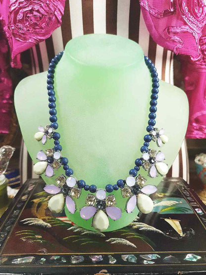 Vintage 90s Flower Rhinestone Statement Bib Necklace Blue Lilac Lime Green Floral