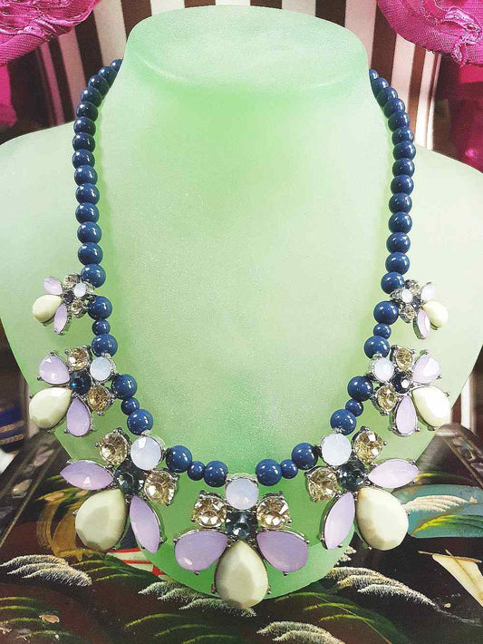 Vintage 90s Flower Rhinestone Statement Bib Necklace Blue Lilac Lime Green Floral