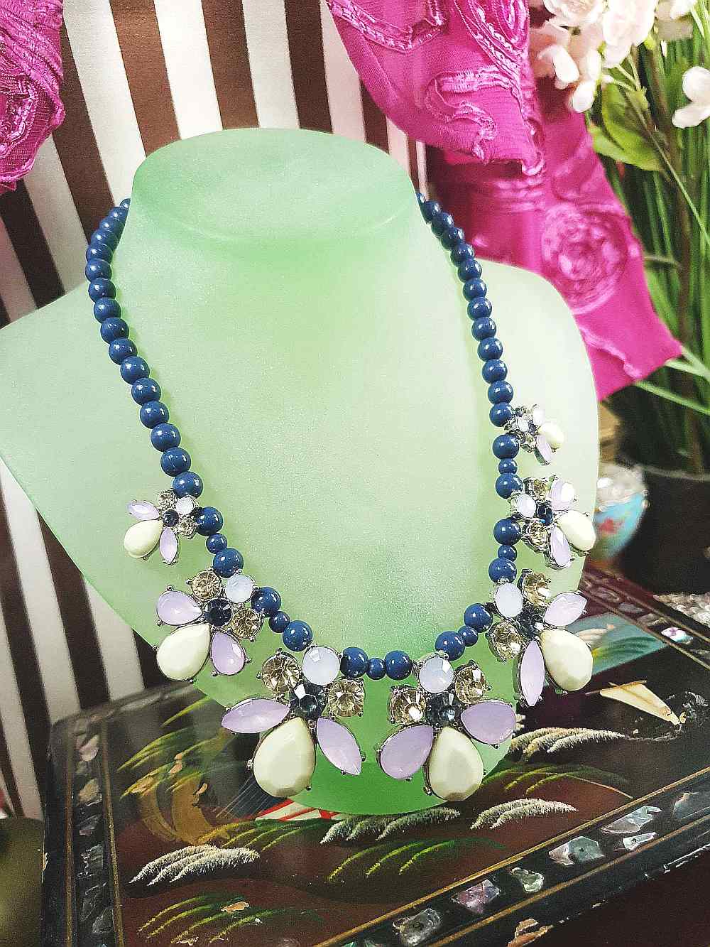 Vintage 90s Flower Rhinestone Statement Bib Necklace Blue Lilac Lime Green Floral