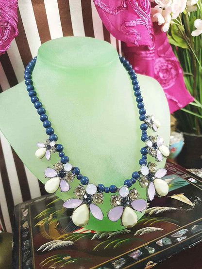 Vintage 90s Flower Rhinestone Statement Bib Necklace Blue Lilac Lime Green Floral