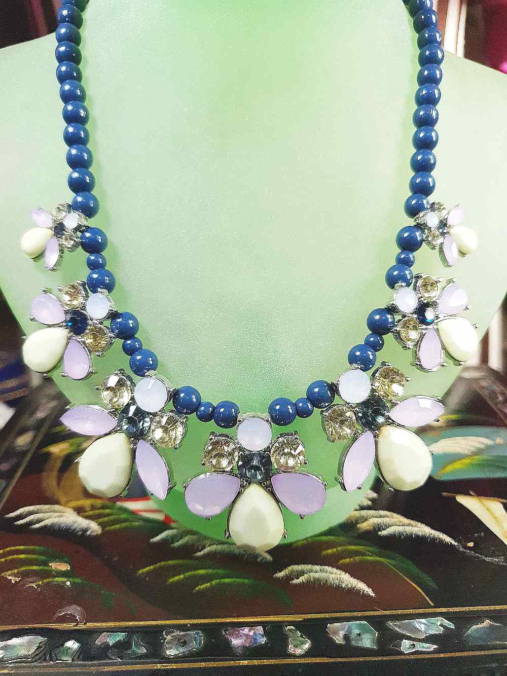 Vintage 90s Flower Rhinestone Statement Bib Necklace Blue Lilac Lime Green Floral