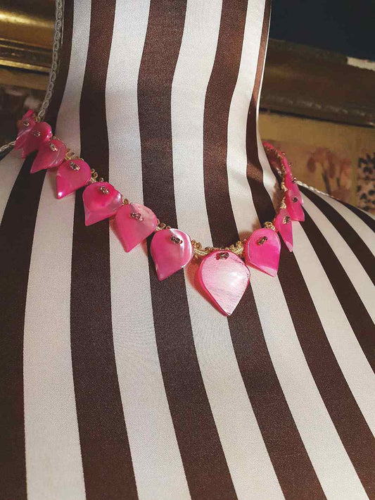 Vintage 1930s Art Deco Mother Of Pearl Necklace 16" Choker Cerise Pink