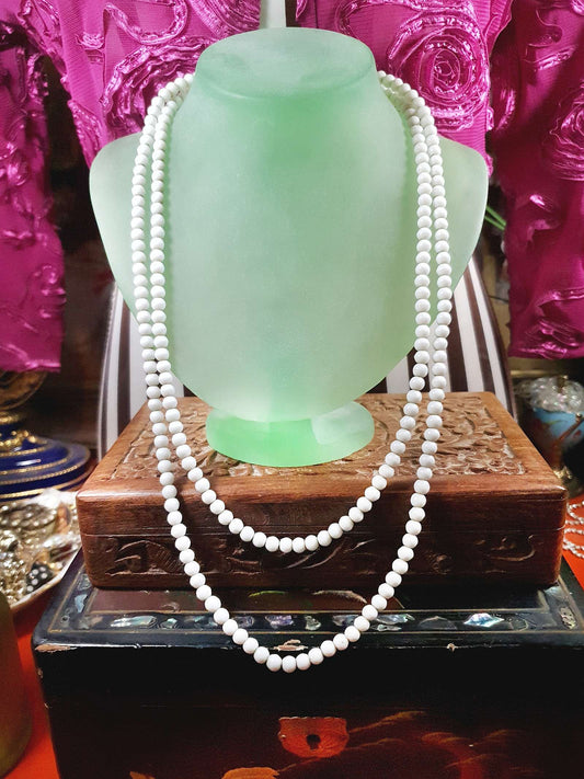 Vintage 1930s White Milk Glass Bead Necklace 47" Art Deco Flapper Longline