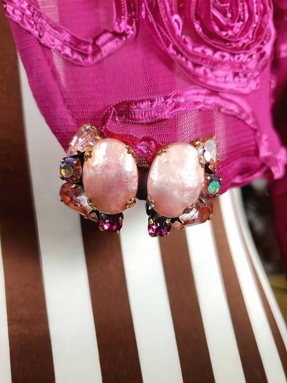 Vintage 1950s Weiss Earrings Pink Rhinestone Pearl Aurora Borealis Clip-Ons AB