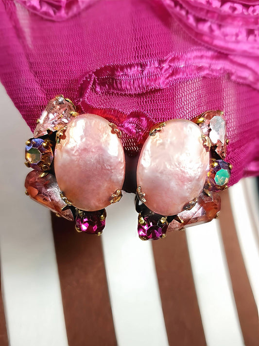 Vintage 1950s Weiss Earrings Pink Rhinestone Pearl Aurora Borealis Clip-Ons AB