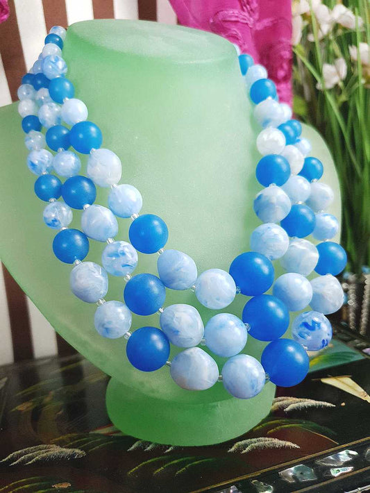 Vintage 1950s Blue Bead Necklace Choker Mid-Century Three Strand Retro