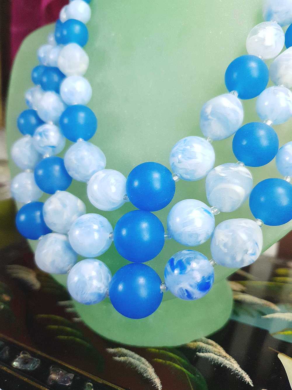 Vintage 1950s Blue Bead Necklace Choker Mid-Century Three Strand Retro