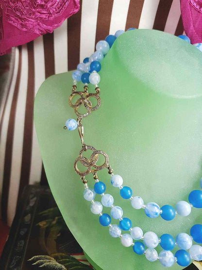 Vintage 1950s Blue Bead Necklace Choker Mid-Century Three Strand Retro