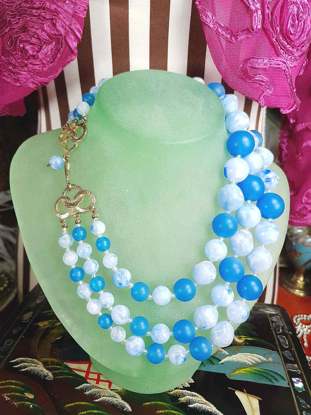 Vintage 1950s Blue Bead Necklace Choker Mid-Century Three Strand Retro