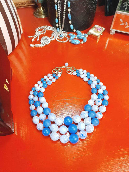 Vintage 1950s Blue Bead Necklace Choker Mid-Century Three Strand Retro